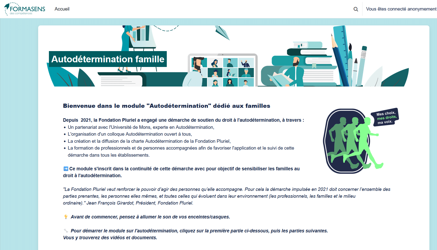 Aperçu de l’espace en ligne du module « Autodétermination, familles et proches »